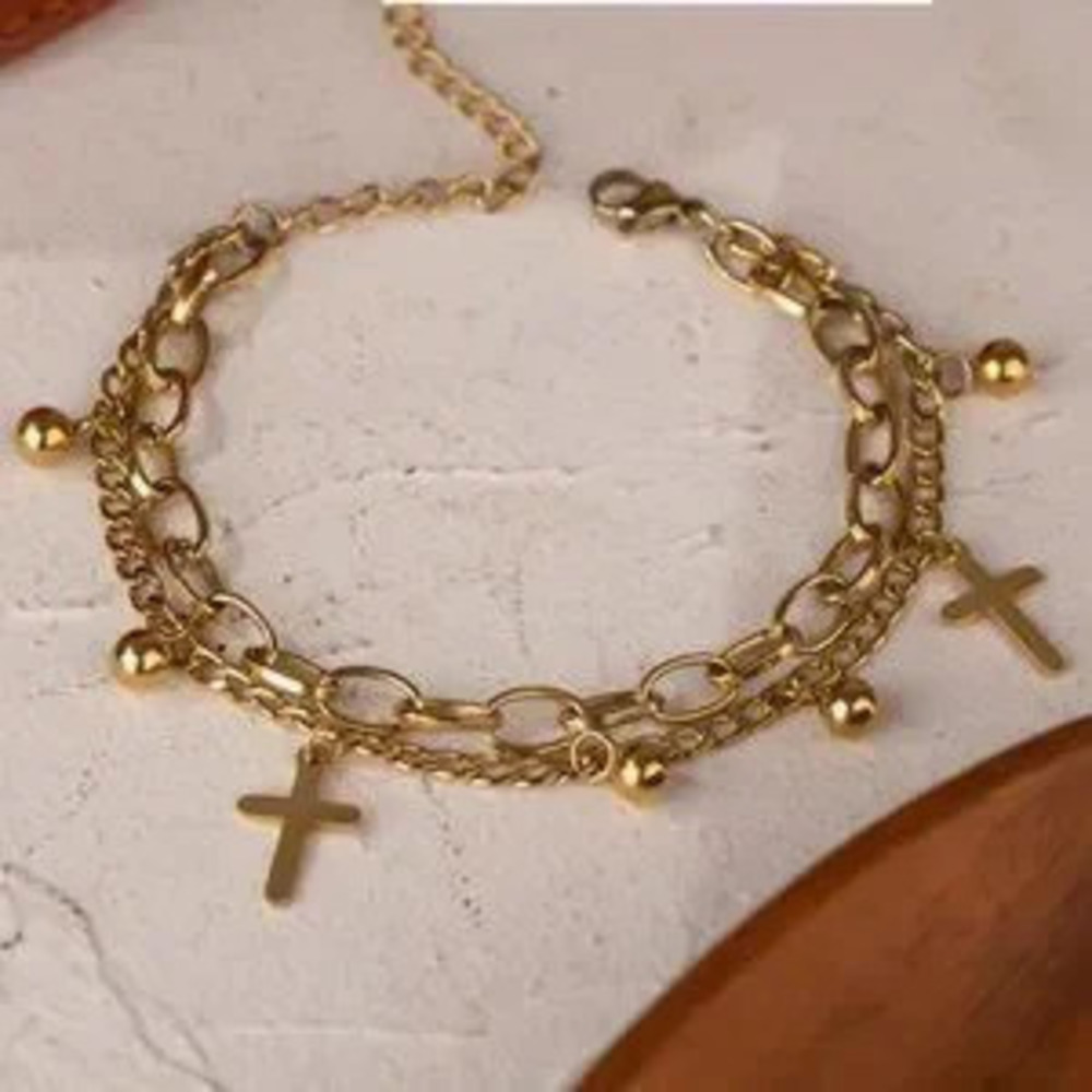 NEW 18K Gold Plated Cross Bead Link Chain Double Layer Bracelet